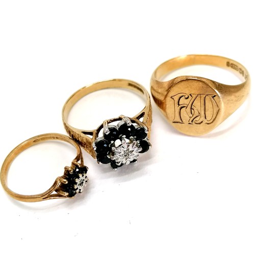 173 - 3 9ct gold rings (Gents signet ring and 2 sapphire / diamond rings - total weight 8.9g), silver moun... 