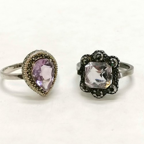 200 - 2 unmarked silver marcasite and amethyst stone set rings t/w 2 marcasite brooches AF, flying geese b... 