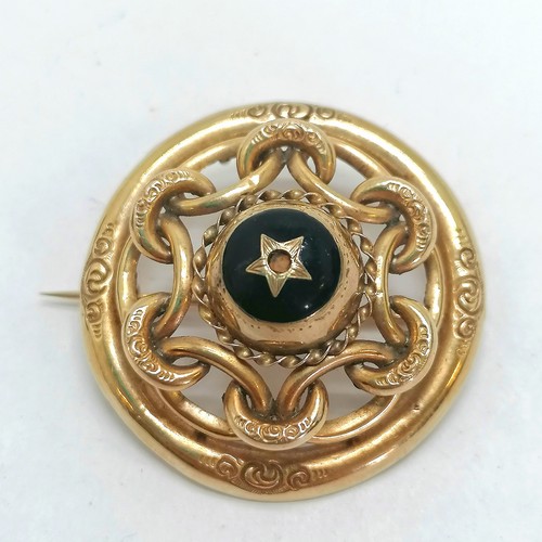 222 - Antique unmarked gold brooch (4cm diameter) and earrings, set with cabochon onyx and cut pearl (pear... 