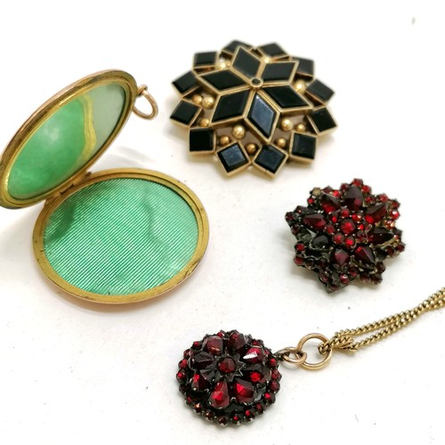 238 - Unmarked gold onyx brooch (missing pin) (9g total weight) t/w gold back & front locket & garnet gold... 