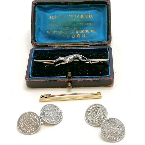 241 - Bar brooch in original box depicting a greyhound t/w pair of Islamic coin cufflinks & 12ct back fron... 