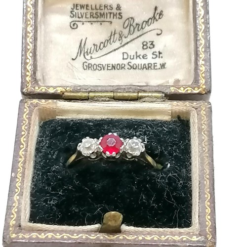 242 - Antique 18ct gold & platinum 3 stone ring (Ruby + 2 diamonds) - size N½