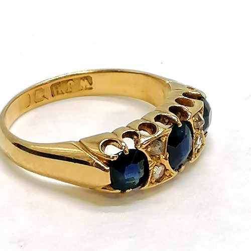 246 - Antique 18ct gold 3 stone sapphire ring inset with diamonds - size L½ & 3.7g total weight ~ marks ru... 