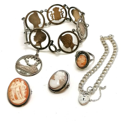 252 - Qty of silver jewellery inc Spanish cut out coin bracelet & 2 cameo brooches, cameo ring & silver pa... 