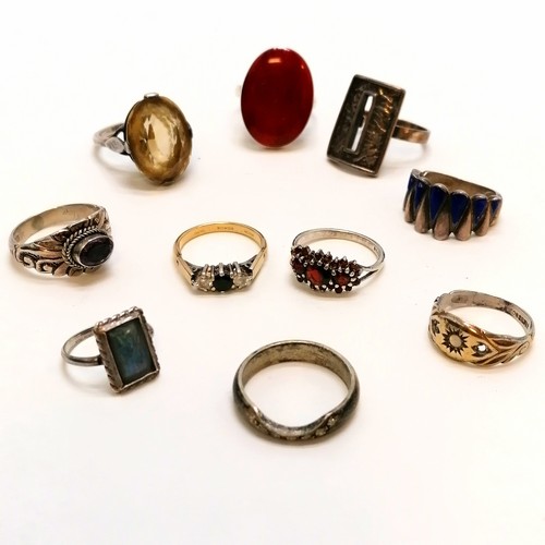 260 - 10 x silver rings inc Chinese panel ring, Smoky quartz, amethyst etc - 2 a/f ~ total weight 43g