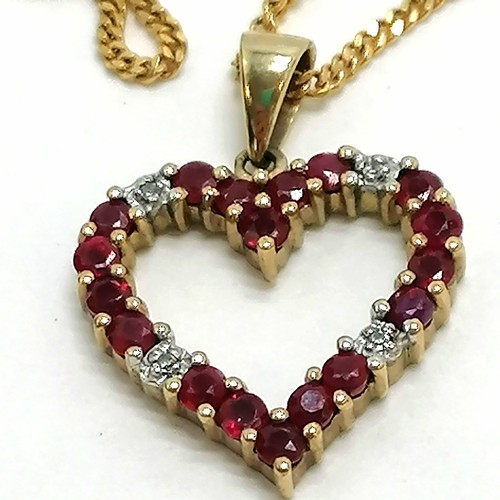 278 - 9ct gold diamond & ruby heart pendant on a 9ct gold chain (44cm) - total weight 3.8g