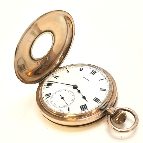 299 - 9ct gold half hunter pocket watch with a memento memorium Masonic engraving to back with a cima move... 