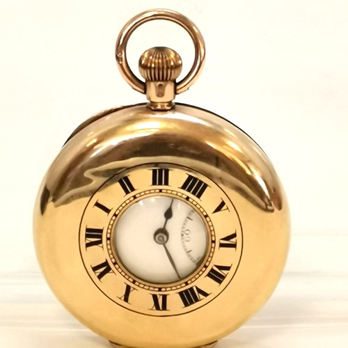 299 - 9ct gold half hunter pocket watch with a memento memorium Masonic engraving to back with a cima move... 