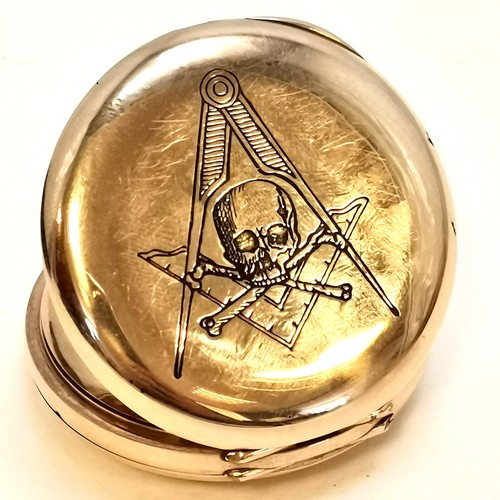 299 - 9ct gold half hunter pocket watch with a memento memorium Masonic engraving to back with a cima move... 