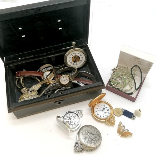 300 - Qty of quartz wristwatches t/w 2 mechanical pocket watches (running) in a black japanned tin box etc