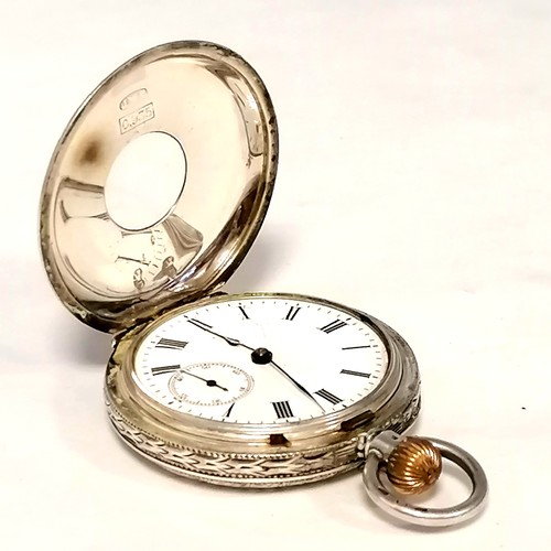 306 - Antique silver with pink and blue enamel half hunter pocket watch by J W Benson, running. 3.5cm diam... 