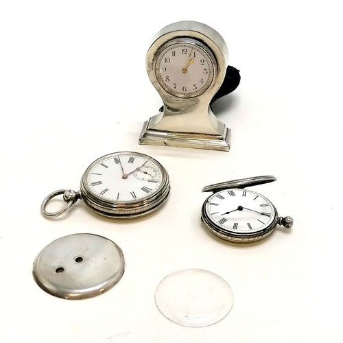 319 - 2 silver pocket watches (both a/f) t/w silver marked miniature bezel wind mantel clock with velvet f... 