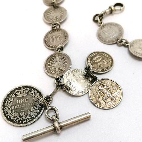 327 - Antique silver coin albert chain, 46cm long , 38g. incl. 18 x 20 pfennig coins, an 1845 1 shilling, ... 