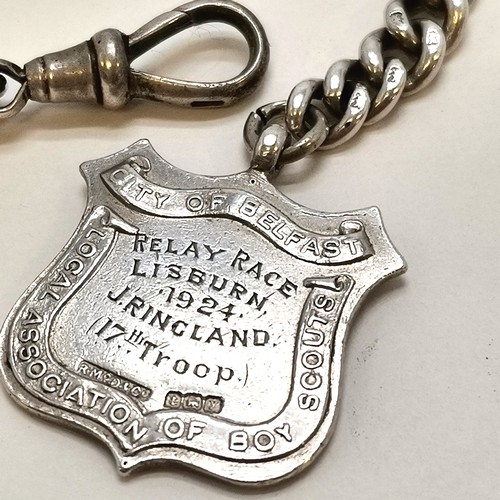 334 - Antique silver heavy gauge albert chain with later 1924 Belfast Boy Scouts shield fob - 42cm long & ... 