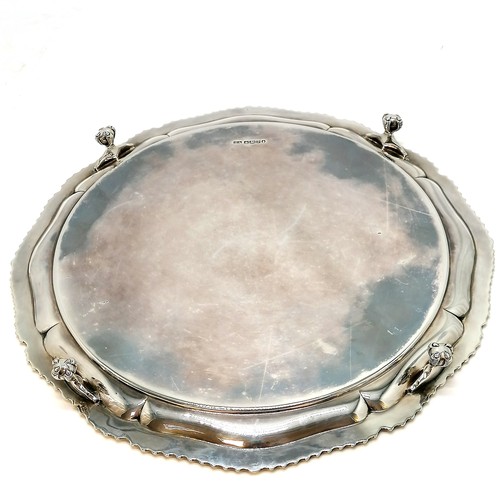 354 - Silver salver with gadroon edge & 4 ball and claw feet - 37cm diameter & 1293g ~ in good condition