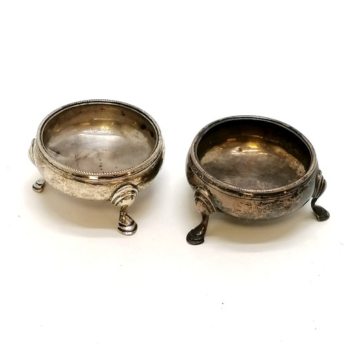 358 - 1763 silver pair of salt cellars with hoof feet (with initials on bottom of feet) by I.S. & A.N. t/w... 