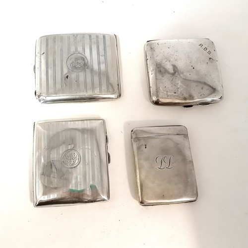 362 - 4 silver cigarette cases one is hinged at the top, largest 9cm x 8cm, total weight 360g. all have de... 