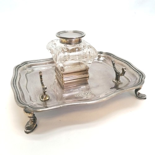 363 - Antique silver desk stand with glass ink well, 15cm x 12cm x 7cm height, in good condition