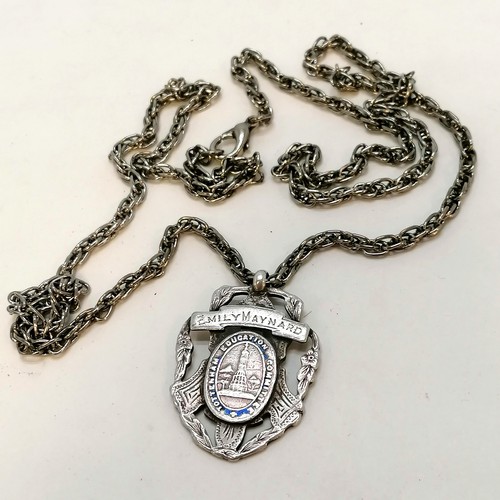 374 - 1908 Tottenham Education Committee silver medallion presented to Emily Maynard on a 76cm metal chain