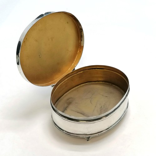 380 - Antique oval silver ring box - 9.5cm across with inscription to lid - 83g ~ has dents to body