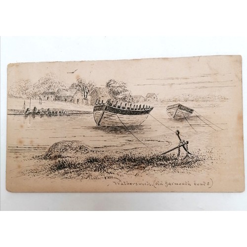 396 - Qty of banknotes t/w 2 hand drawn / painted cards inc Wallerswick (Old Yarmouth boats)