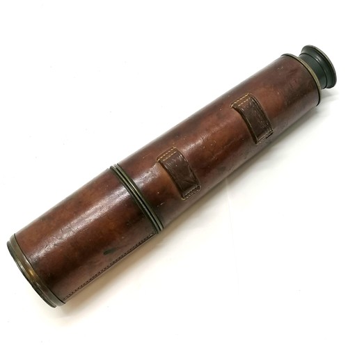 402 - Antique T Cooke & Sons 3 draw telescope with retractable leather hood to front lens in case with ext... 