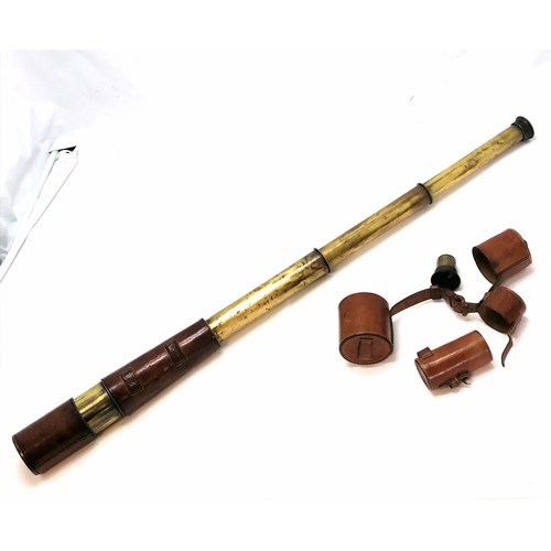 402 - Antique T Cooke & Sons 3 draw telescope with retractable leather hood to front lens in case with ext... 