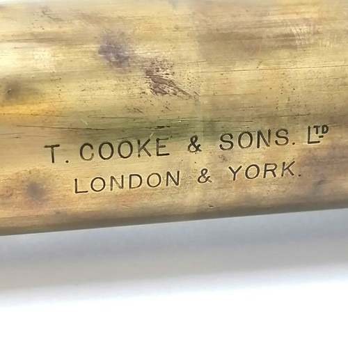 402 - Antique T Cooke & Sons 3 draw telescope with retractable leather hood to front lens in case with ext... 