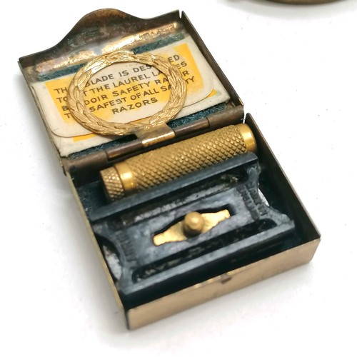 411 - Miniature Laurel razor in tin (2.5cm long), Lever signet corkscrew, trench art brass vesta case in t... 