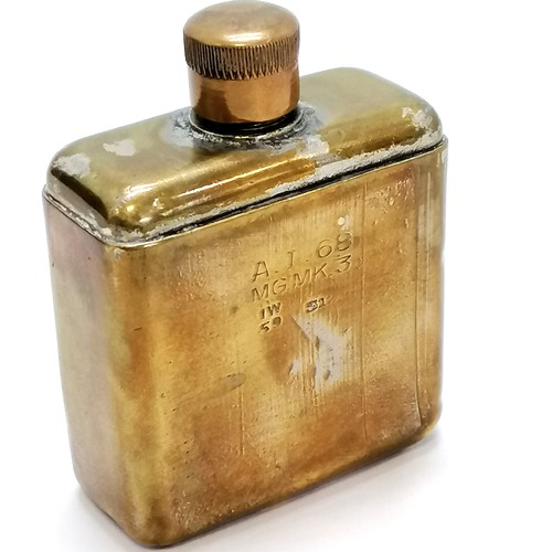 413 - Brass stamped A.I.68 MG.MK.3 machine gun oil can - height 8cm x 6cm wide ~ has dents to body