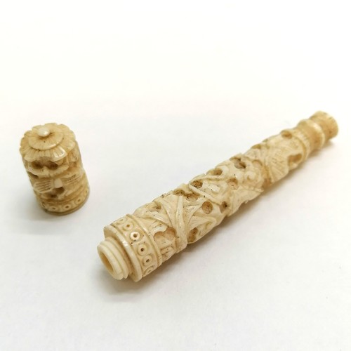 457 - Antique Chinese hand carved ivory sewing pin cushion clamp with original silk pad t/w 2 antique carv... 