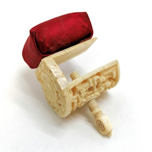 457 - Antique Chinese hand carved ivory sewing pin cushion clamp with original silk pad t/w 2 antique carv... 