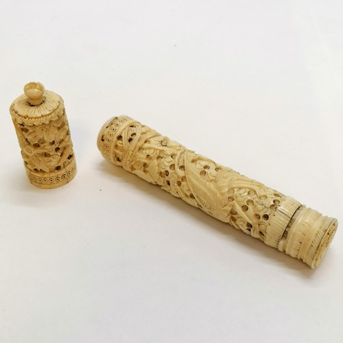 457 - Antique Chinese hand carved ivory sewing pin cushion clamp with original silk pad t/w 2 antique carv... 