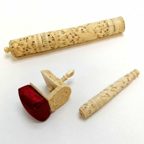 457 - Antique Chinese hand carved ivory sewing pin cushion clamp with original silk pad t/w 2 antique carv... 