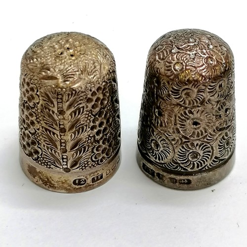 461 - Antique sewing items inc 2 silver thimbles, 2 pin holders, barrel measure (no markings to ribbon), b... 