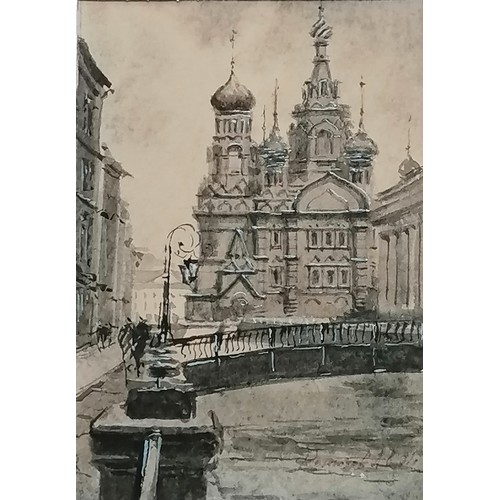 501 - Original watercolour of a Russian scene (18cm x 13cm), signed to the reverse t/w an etching and a pr... 