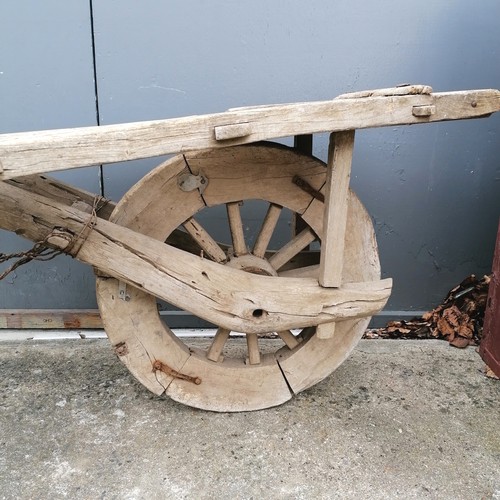 506 - Antique elm pig barrow T/W hay fork