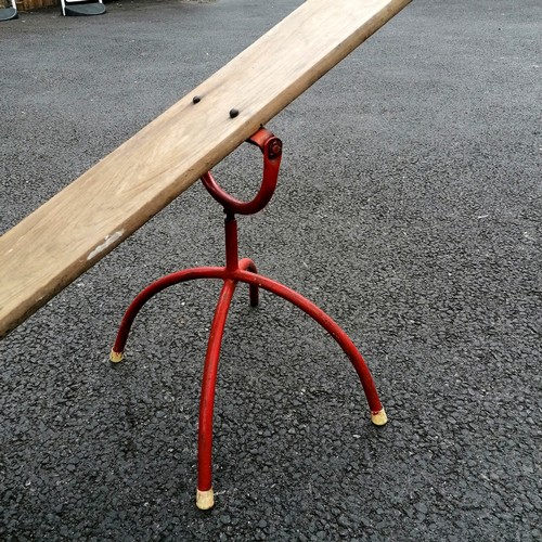 508 - Vintage red metal framed and oak sea- saw 188cm long x 50cm high