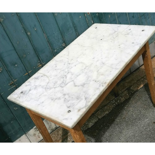 526 - Antique marble top pastry table - 100cm x 58cm x 79cm high & with some 'cat!?' damage to 1 leg