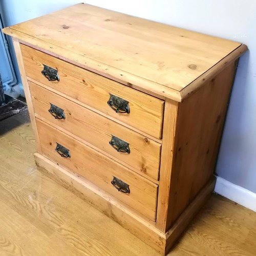 544 - Antique pine 3 drawer chest  with Art Nouveau handles & replaced back - 88cm x 46cm x 80cm high