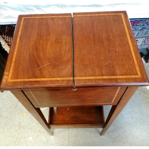 558 - Mahogany strung inlaid sewing table / box with 2 hinged flaps to top & drawer with green silk fitted... 