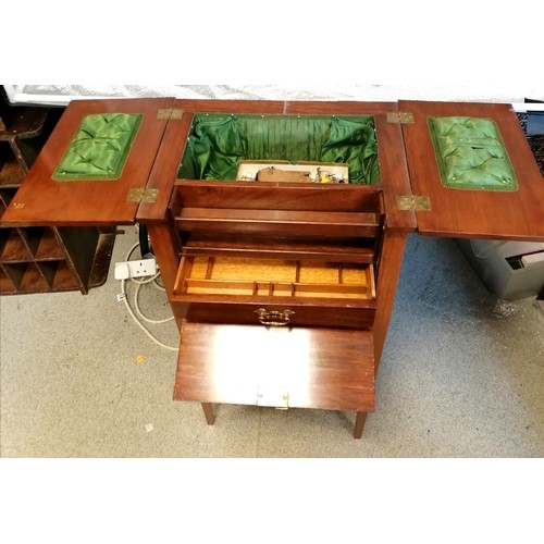 558 - Mahogany strung inlaid sewing table / box with 2 hinged flaps to top & drawer with green silk fitted... 