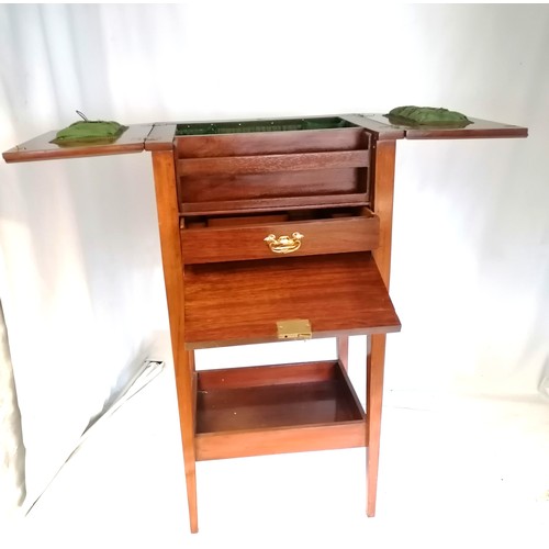 558 - Mahogany strung inlaid sewing table / box with 2 hinged flaps to top & drawer with green silk fitted... 