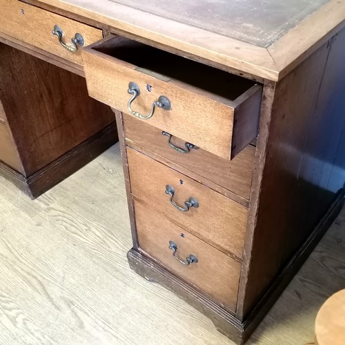 575 - Antique solid timber oak twin pedestal desk with brown leather top (some wear) - 121.5cm x 61cm x 75... 