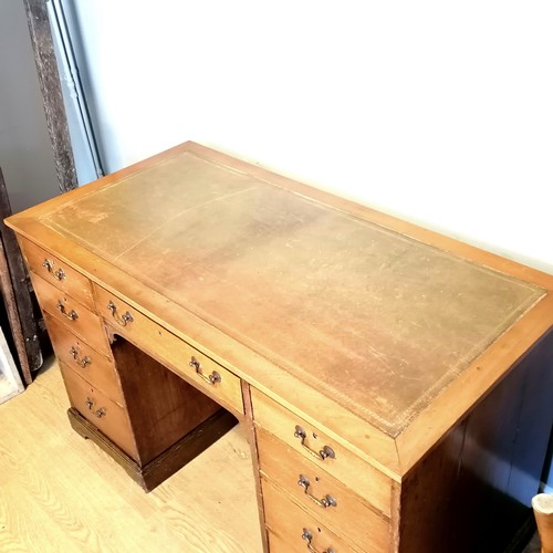 575 - Antique solid timber oak twin pedestal desk with brown leather top (some wear) - 121.5cm x 61cm x 75... 