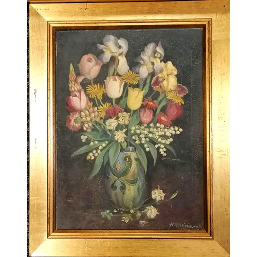 579 - 1920's 2 framed still life oils on canvas signed M R Wrigglesworth (largest 59.5cm x 44.5cm) ~ both ... 