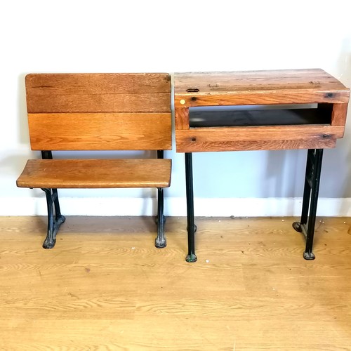 583 - Antique elm school desk (78cm high) + folding seat from Sherborne school