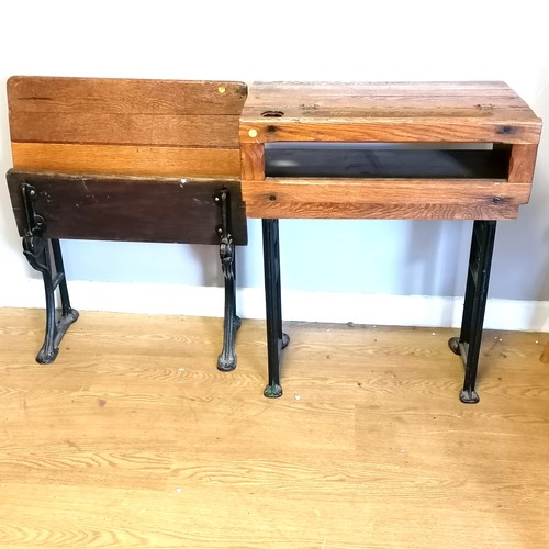 583 - Antique elm school desk (78cm high) + folding seat from Sherborne school