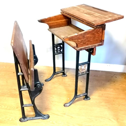 583 - Antique elm school desk (78cm high) + folding seat from Sherborne school