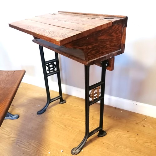 583 - Antique elm school desk (78cm high) + folding seat from Sherborne school